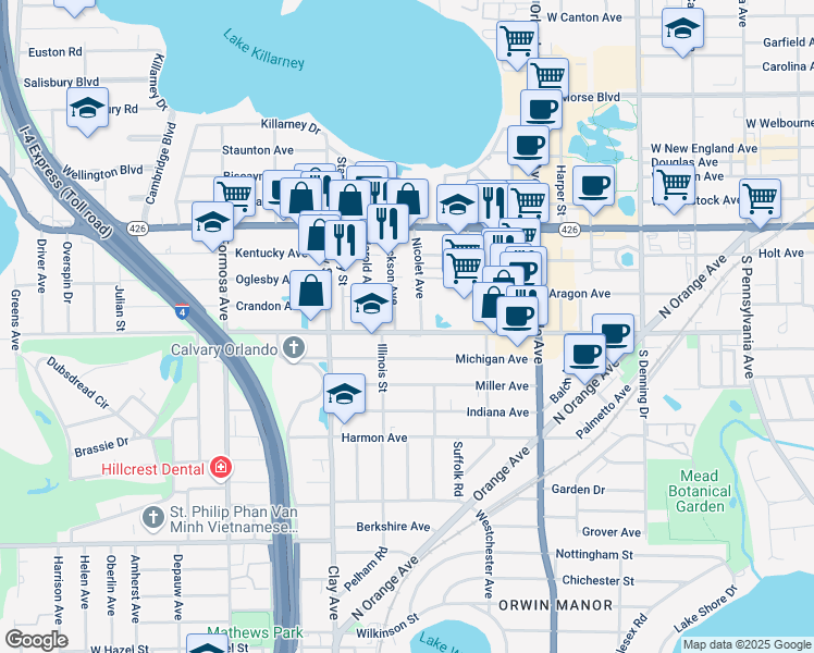 map of restaurants, bars, coffee shops, grocery stores, and more near 882 Jackson Avenue in Winter Park