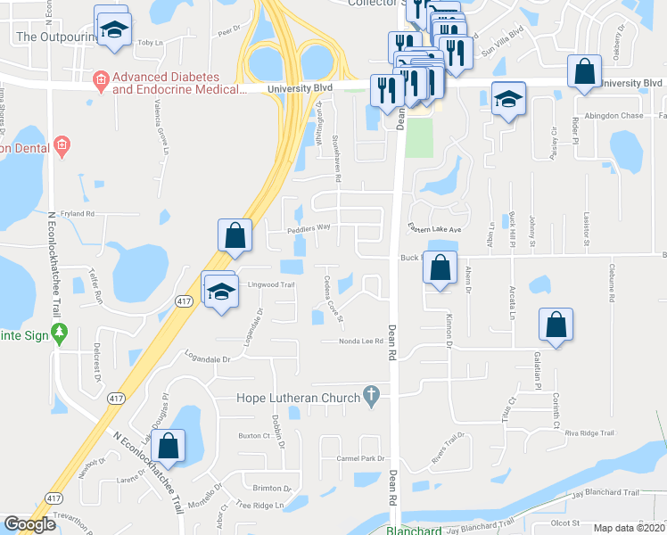 map of restaurants, bars, coffee shops, grocery stores, and more near 2685 University Acres Drive in Orlando