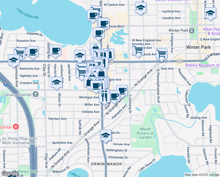 map of restaurants, bars, coffee shops, grocery stores, and more near 865 Balch Avenue in Winter Park