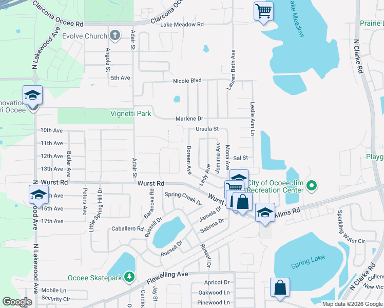 map of restaurants, bars, coffee shops, grocery stores, and more near 1605 Doreen Avenue in Ocoee