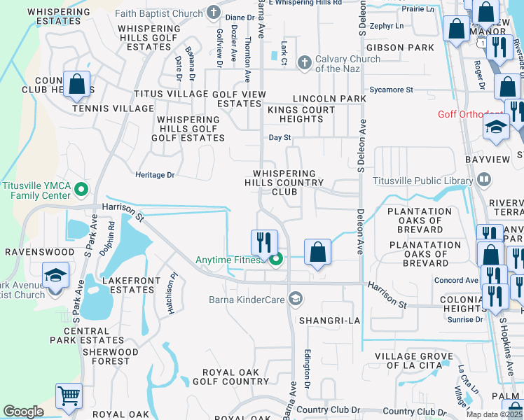 map of restaurants, bars, coffee shops, grocery stores, and more near 5274 Summerhill Club Lane in Titusville