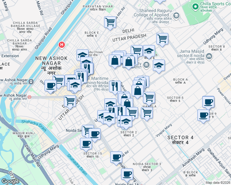 map of restaurants, bars, coffee shops, grocery stores, and more near in Noida