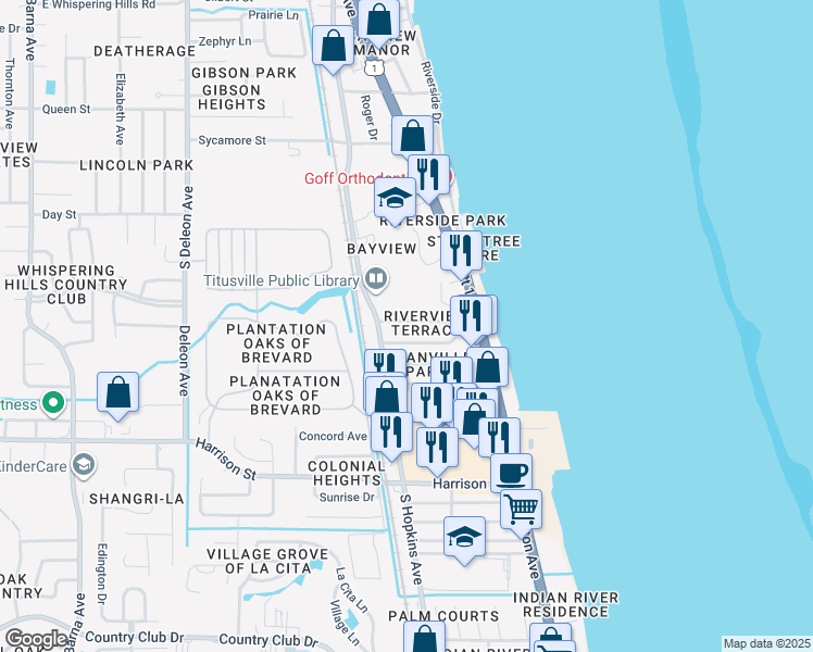 map of restaurants, bars, coffee shops, grocery stores, and more near 148 Park Lane in Titusville