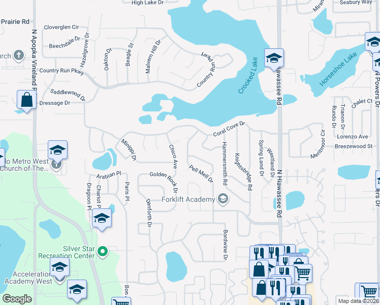 map of restaurants, bars, coffee shops, grocery stores, and more near 6760 Callie Road in Orlando