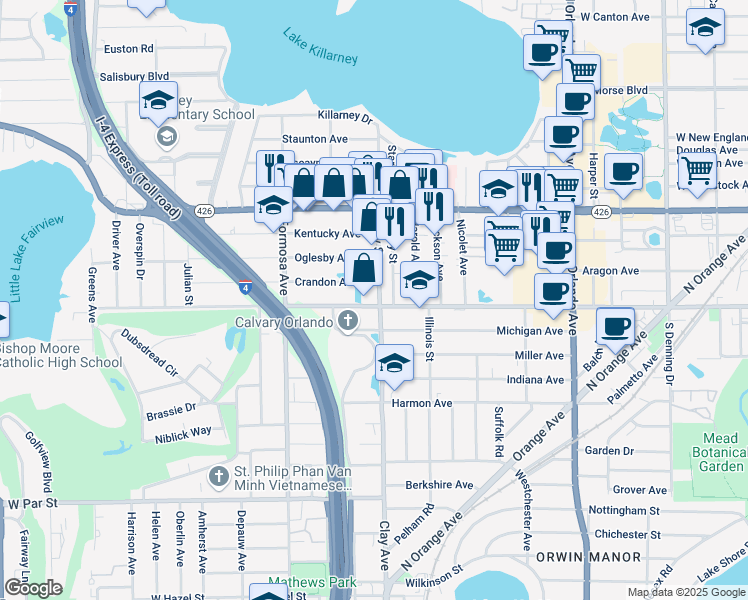 map of restaurants, bars, coffee shops, grocery stores, and more near 839 Clay Street in Winter Park
