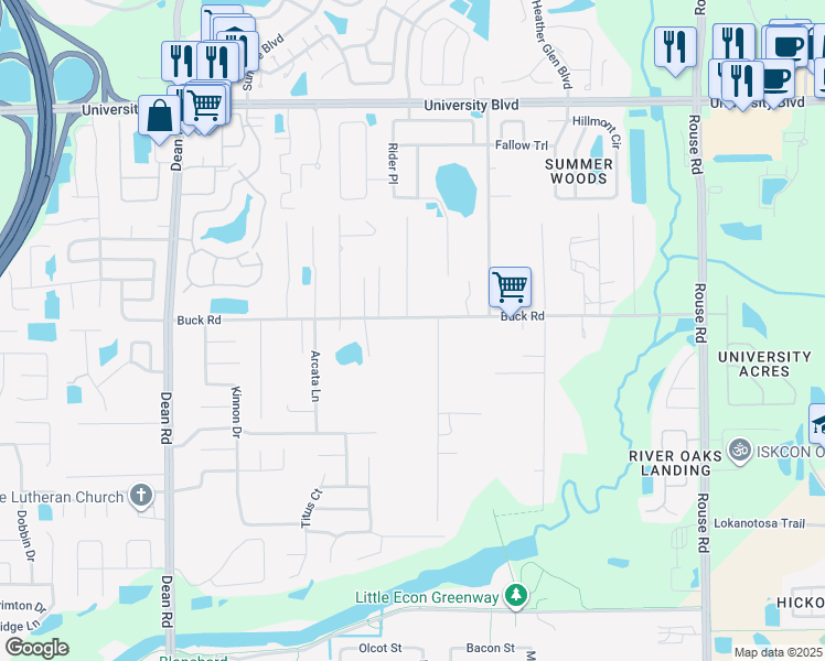 map of restaurants, bars, coffee shops, grocery stores, and more near 10418 Buck Road in Orlando