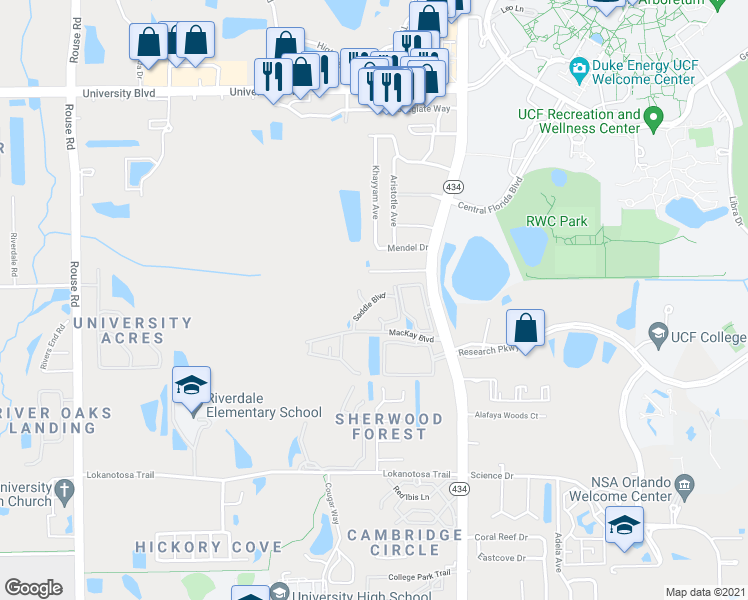 map of restaurants, bars, coffee shops, grocery stores, and more near 3427 Saddle Boulevard in Orlando