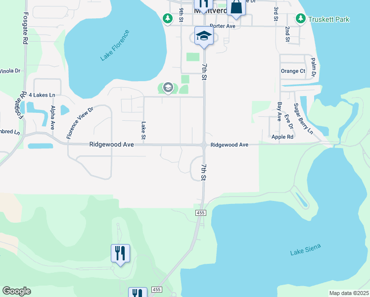map of restaurants, bars, coffee shops, grocery stores, and more near 16824 Ridgewood Avenue in Montverde