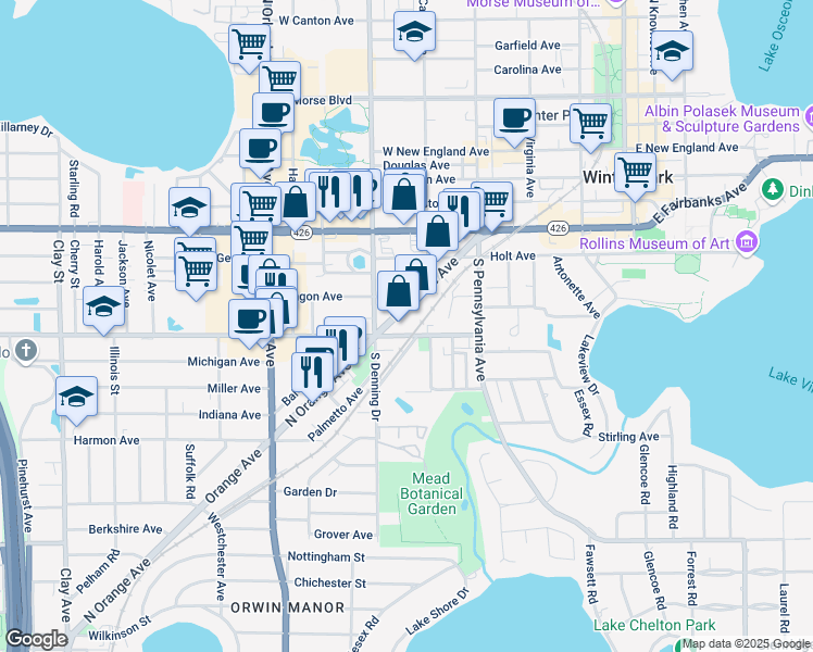map of restaurants, bars, coffee shops, grocery stores, and more near 972 North Orange Avenue in Winter Park