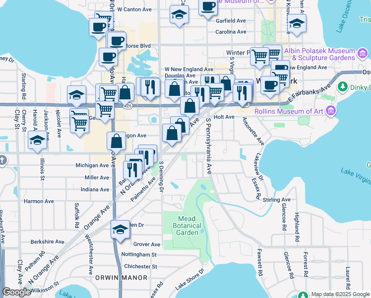 map of restaurants, bars, coffee shops, grocery stores, and more near 733 Minnesota Avenue in Winter Park