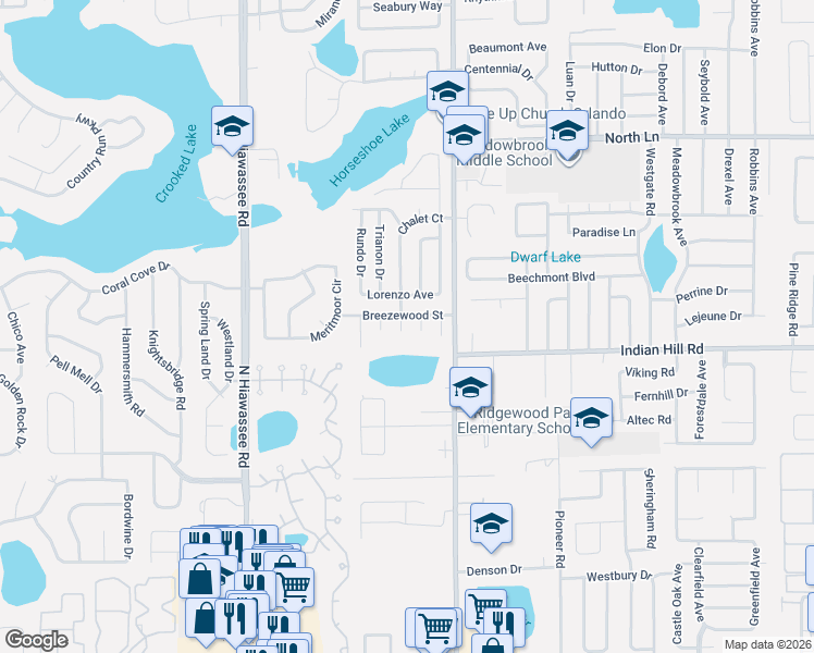 map of restaurants, bars, coffee shops, grocery stores, and more near 3638 Seranada Court in Orlando