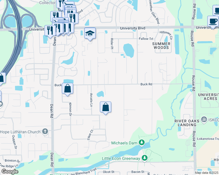 map of restaurants, bars, coffee shops, grocery stores, and more near 10348 Buck Road in Orlando
