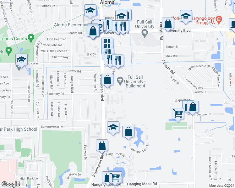 map of restaurants, bars, coffee shops, grocery stores, and more near 609 Montego Bay Court in Winter Park