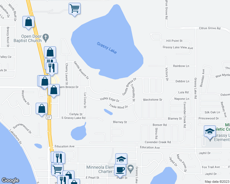 map of restaurants, bars, coffee shops, grocery stores, and more near 339 Gentle Breeze Drive in Minneola