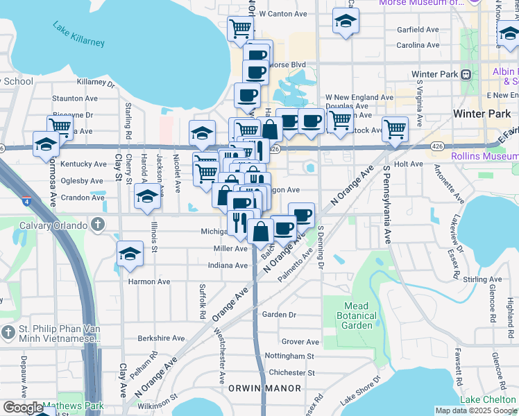 map of restaurants, bars, coffee shops, grocery stores, and more near 865 Balch Avenue in Winter Park