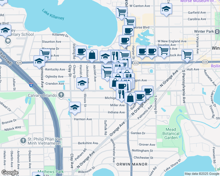 map of restaurants, bars, coffee shops, grocery stores, and more near 1401 Minnesota Avenue in Winter Park