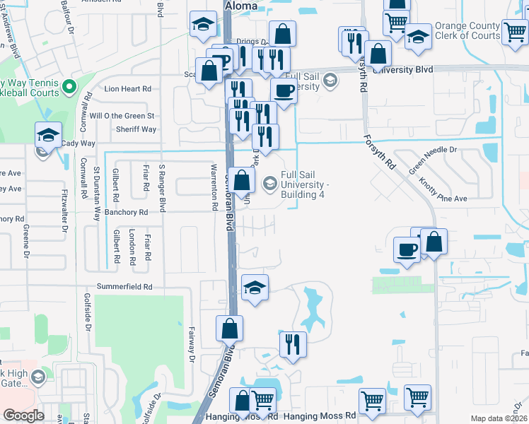 map of restaurants, bars, coffee shops, grocery stores, and more near 606 Grenadine Court in Winter Park
