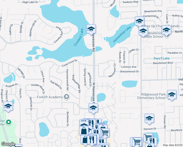 map of restaurants, bars, coffee shops, grocery stores, and more near 3644 Westland Drive in Orlando
