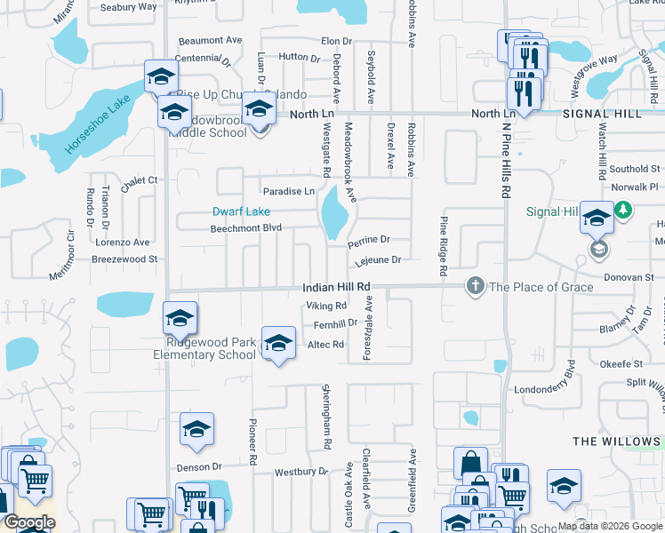 map of restaurants, bars, coffee shops, grocery stores, and more near 3704 Westgate Road in Orlando