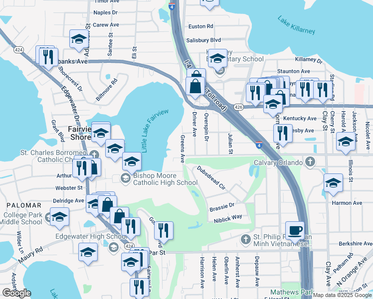 map of restaurants, bars, coffee shops, grocery stores, and more near 840 Greens Avenue in Winter Park