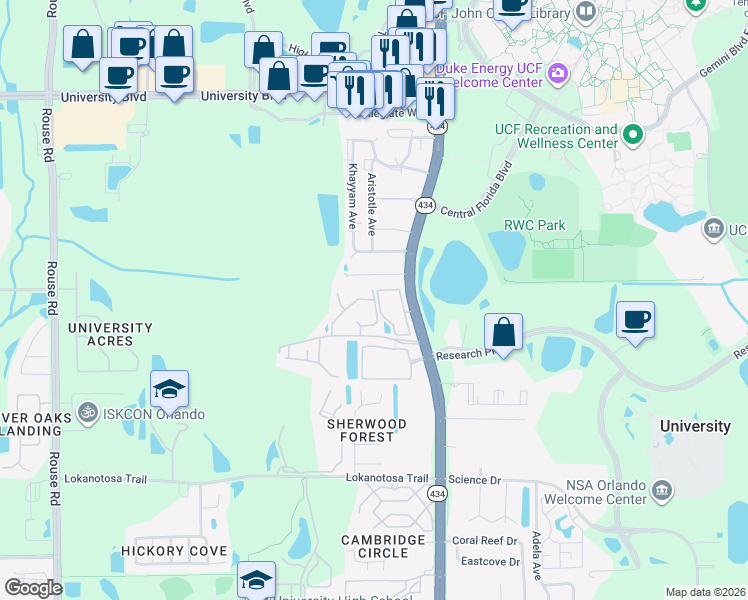 map of restaurants, bars, coffee shops, grocery stores, and more near 3428 Lariat Lane in Orlando