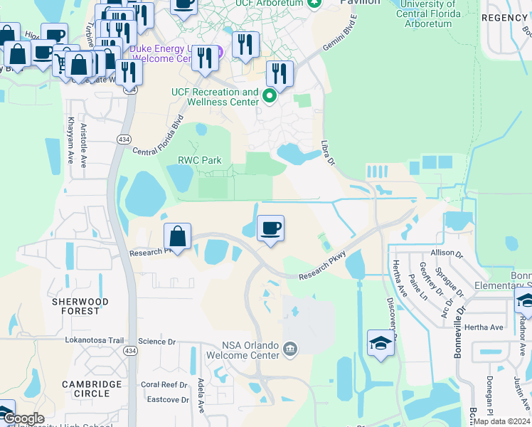 map of restaurants, bars, coffee shops, grocery stores, and more near 3280 Progress Drive in Orlando