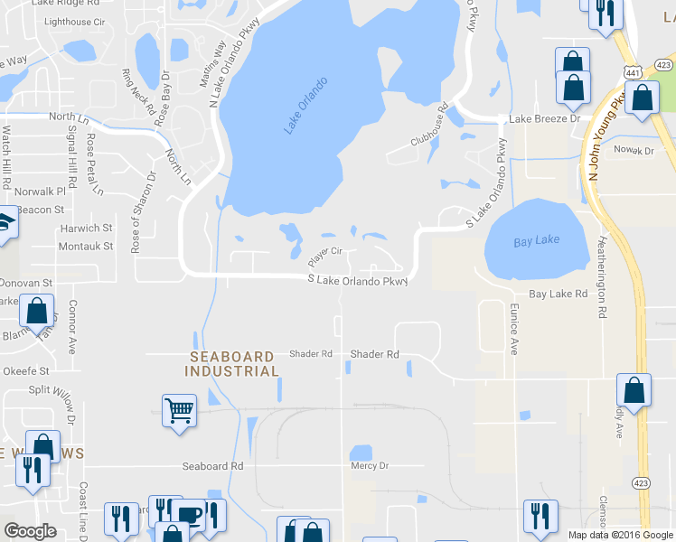 map of restaurants, bars, coffee shops, grocery stores, and more near 4130 Player Circle in Orlando