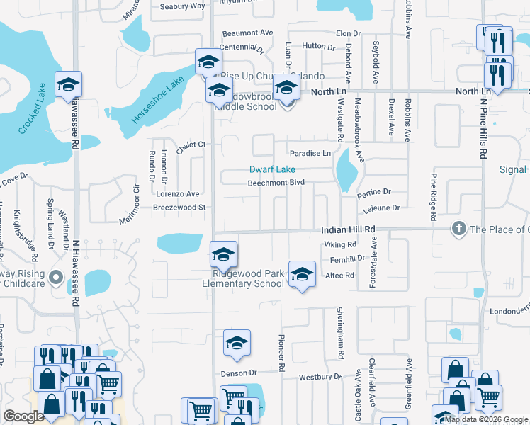 map of restaurants, bars, coffee shops, grocery stores, and more near 3640 Ranchwood Road in Orlando