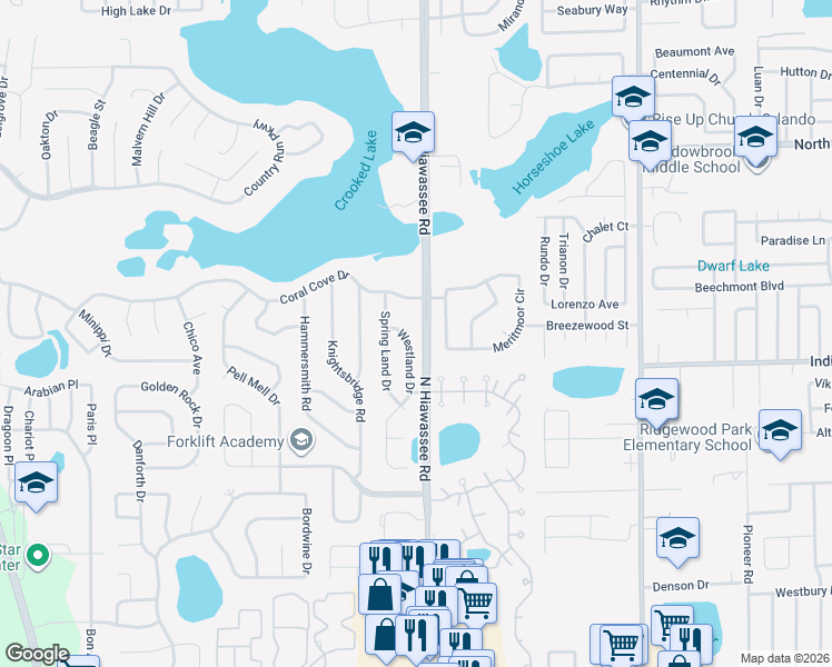map of restaurants, bars, coffee shops, grocery stores, and more near 3644 Westland Drive in Orlando