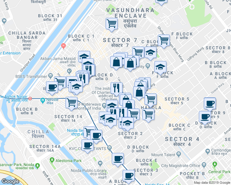 map of restaurants, bars, coffee shops, grocery stores, and more near in Noida