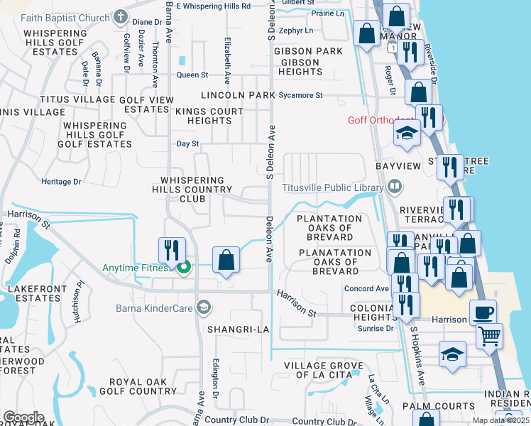 map of restaurants, bars, coffee shops, grocery stores, and more near 1000 Pine Valley Lane in Titusville