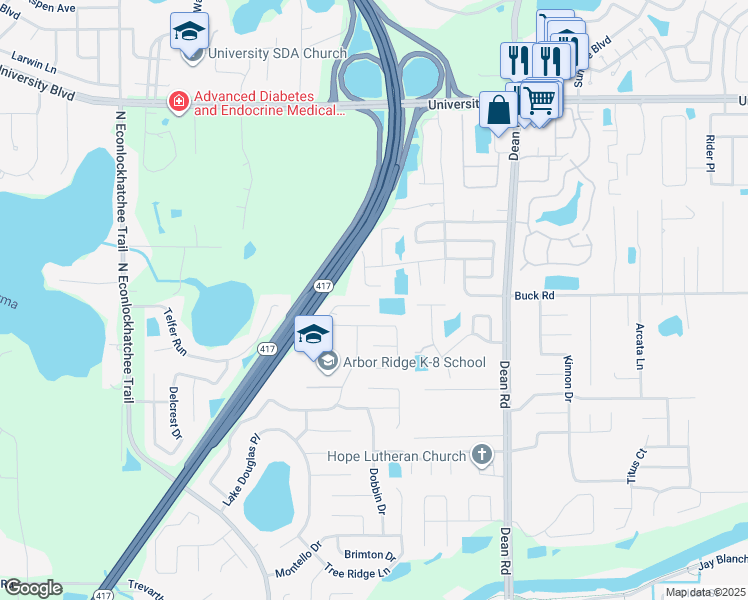 map of restaurants, bars, coffee shops, grocery stores, and more near 9500 Lingwood Trail in Orlando