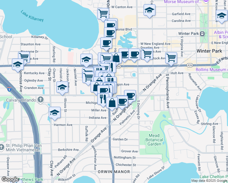 map of restaurants, bars, coffee shops, grocery stores, and more near 865 Balch Avenue in Winter Park