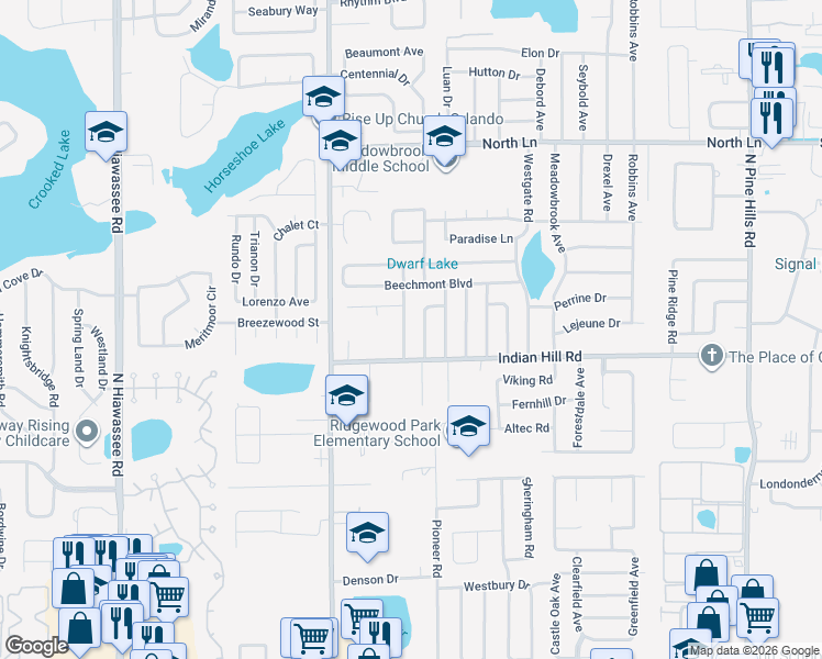 map of restaurants, bars, coffee shops, grocery stores, and more near 3640 Ranchwood Road in Orlando