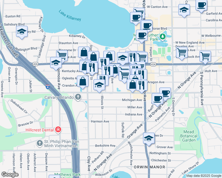map of restaurants, bars, coffee shops, grocery stores, and more near 882 Jackson Avenue in Winter Park