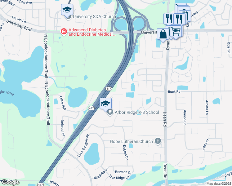map of restaurants, bars, coffee shops, grocery stores, and more near 9530 Lingwood Trail in Orlando