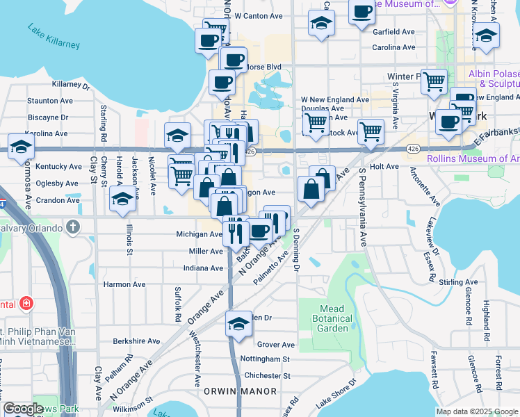 map of restaurants, bars, coffee shops, grocery stores, and more near 854 Miles Avenue in Winter Park