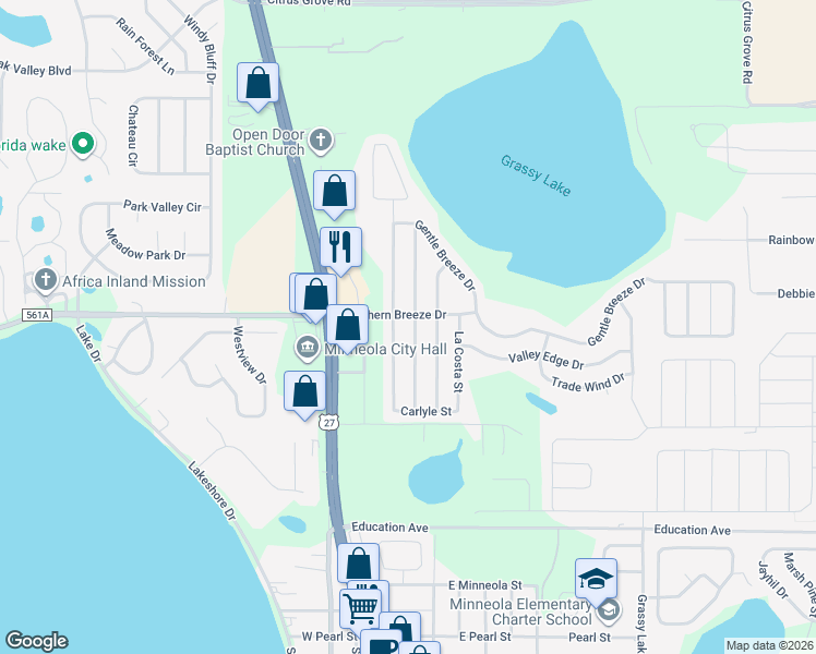 map of restaurants, bars, coffee shops, grocery stores, and more near 753 Willow Run Street in Minneola