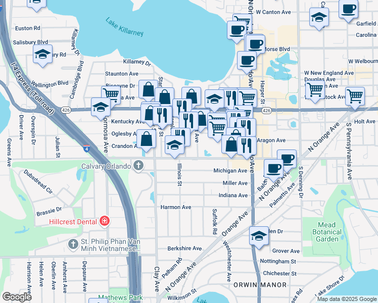 map of restaurants, bars, coffee shops, grocery stores, and more near 882 Jackson Avenue in Winter Park