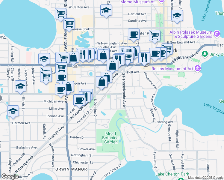 map of restaurants, bars, coffee shops, grocery stores, and more near 733 Minnesota Avenue in Winter Park