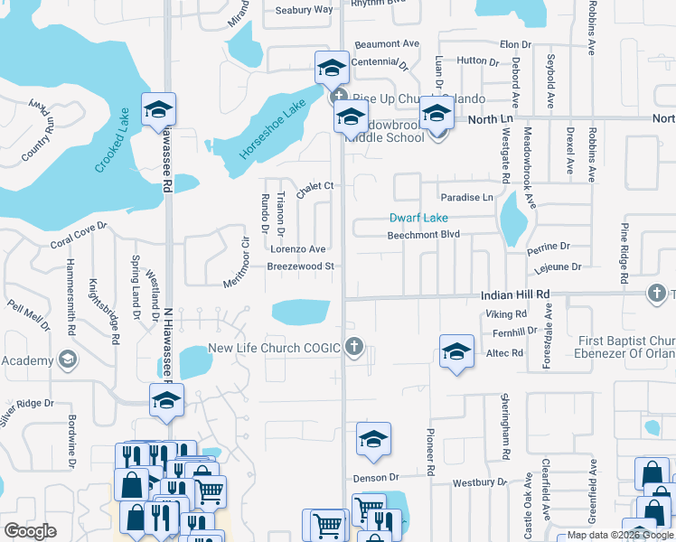map of restaurants, bars, coffee shops, grocery stores, and more near 3641 Mandalay Court in Orlando