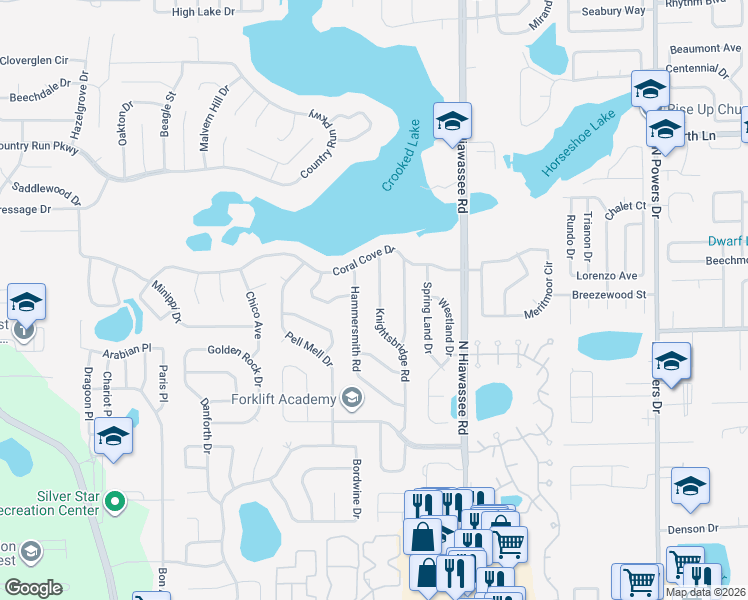 map of restaurants, bars, coffee shops, grocery stores, and more near 3308 Knightsbridge Road in Orlando