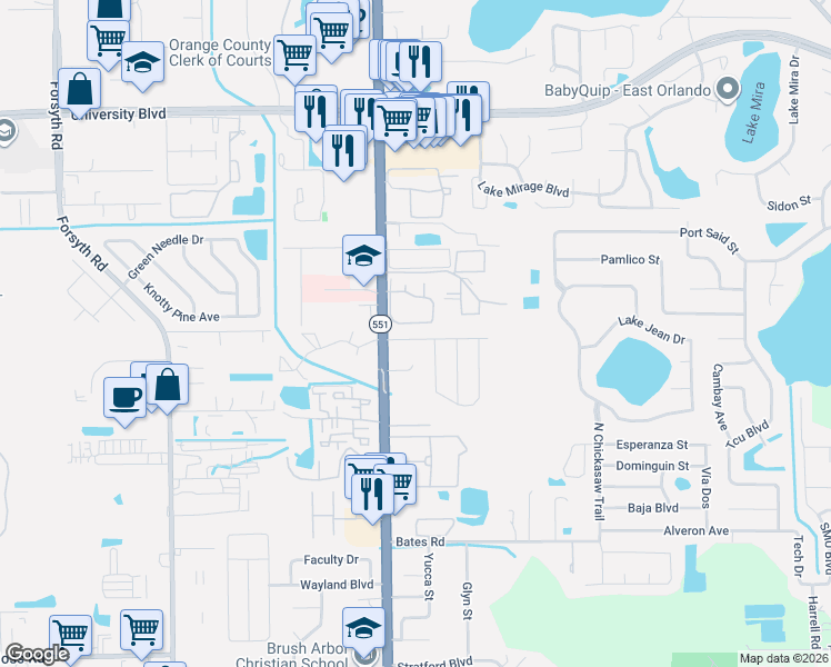 map of restaurants, bars, coffee shops, grocery stores, and more near 7521 Laurel Springs Drive in Winter Park