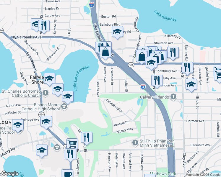 map of restaurants, bars, coffee shops, grocery stores, and more near 811 Overspin Drive in Winter Park