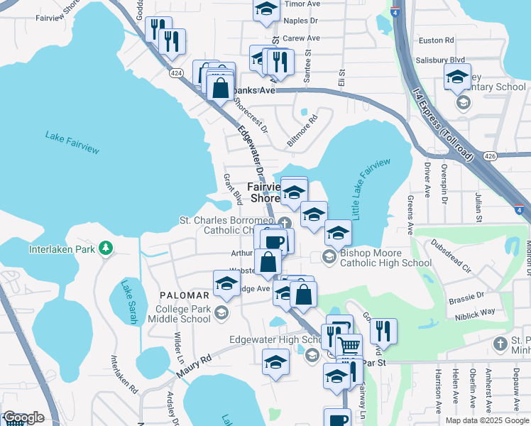 map of restaurants, bars, coffee shops, grocery stores, and more near 4060 Edgewater Drive in Orlando