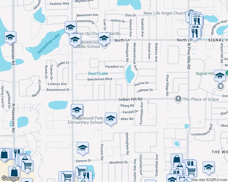 map of restaurants, bars, coffee shops, grocery stores, and more near 3704 Indian Woods Road in Orlando