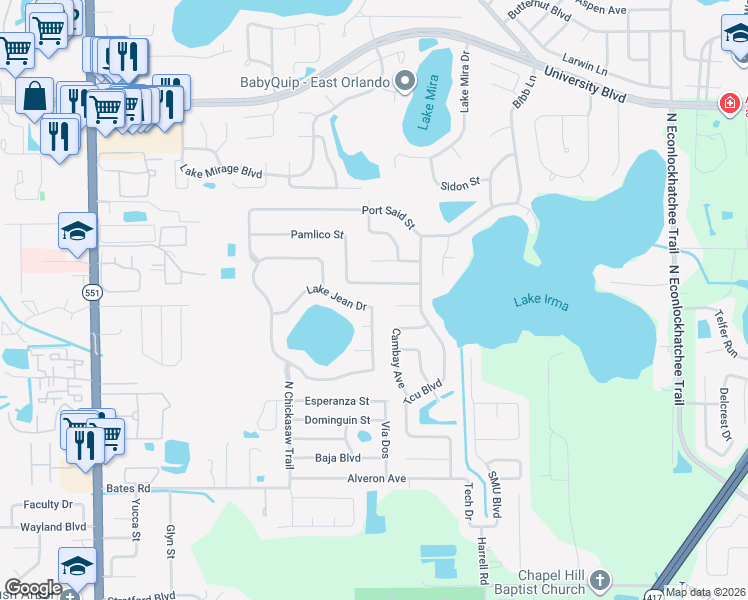 map of restaurants, bars, coffee shops, grocery stores, and more near 3056 Lake Jean Drive in Orlando
