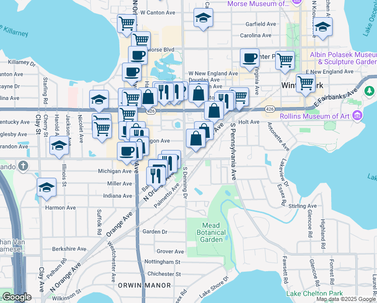 map of restaurants, bars, coffee shops, grocery stores, and more near 972 North Orange Avenue in Winter Park