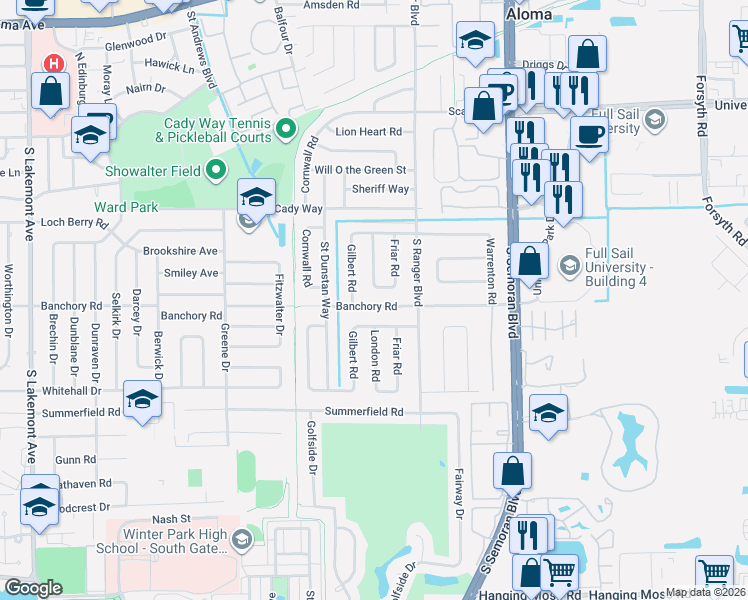 map of restaurants, bars, coffee shops, grocery stores, and more near 2773 Banchory Road in Winter Park