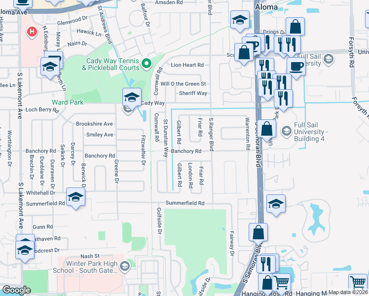 map of restaurants, bars, coffee shops, grocery stores, and more near 2773 Banchory Road in Winter Park